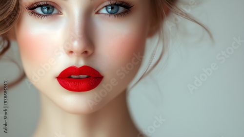 Beautiful female face with bright red lipstick close-up. Portrait of a girl with parted lips. Bright face makeup. The concept of beauty, fashion and cosmetics. Sensuality and sexuality.