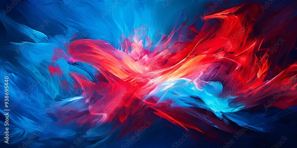 A painting of a red and blue flame with a blue background A painting of a red and blue flame with a blue background