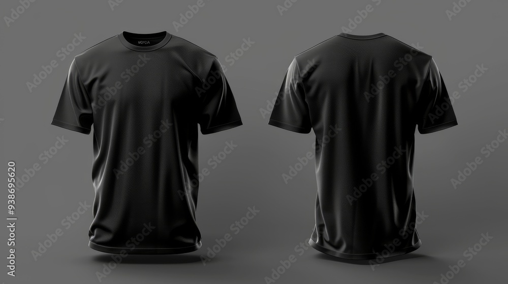 Two black sports t-shirts presented in a front and back view on a neutral gray background, suitable for mockup designs Two black sports t-shirts presented in a front and back view on a neutral gray background, suitable for mockup designs