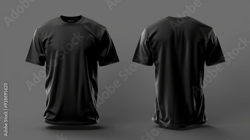 Two black sports t-shirts presented in a front and back view on a neutral gray background, suitable for mockup designs
