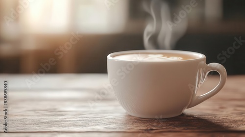 A 3D effect of a coffee cup with steam rising out towards the viewer, 3D effect, coffee, warmth