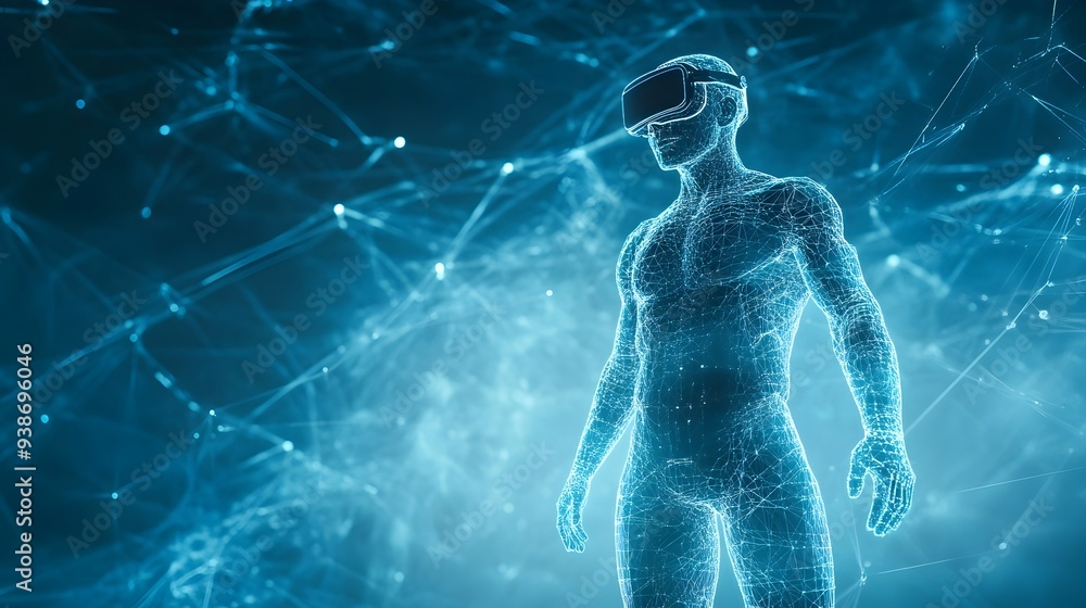 A digitized human model depicted in a virtual reality environment showcasing a futuristic and innovative technology concept with ample copy space for design elements or text overlay A digitized human model depicted in a virtual reality environment showcasing a futuristic and innovative technology concept with ample copy space for design elements or text overlay