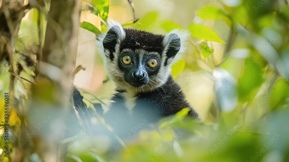 Black and White Ruffed Lemur Peeking Through Foliage Black and White Ruffed Lemur Peeking Through Foliage
