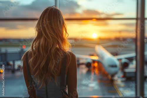 As sun began to set on a warm summer evening, a woman stood with a sense of anticipation and excitement, her view stretching out across bustling airport terminal, filled with promise of adventure and photo