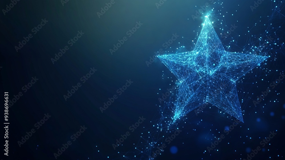 Abstract image of a star. Business concept. With dark blue background. Low poly wireframe with lines, dots and glowing particles Abstract image of a star. Business concept. With dark blue background. Low poly wireframe with lines, dots and glowing particles