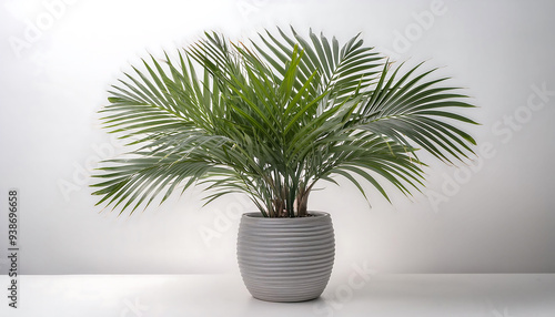 Houseplant isolated on white background with a grey Kentia Palm Tree in a pot