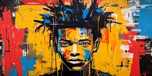 A painting of a man with dreadlocks and a blue and yellow background