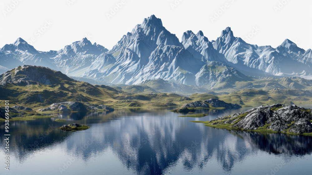 Beautiful mountain range with a large body of water in the foreground isolated on transparent background Beautiful mountain range with a large body of water in the foreground isolated on transparent background