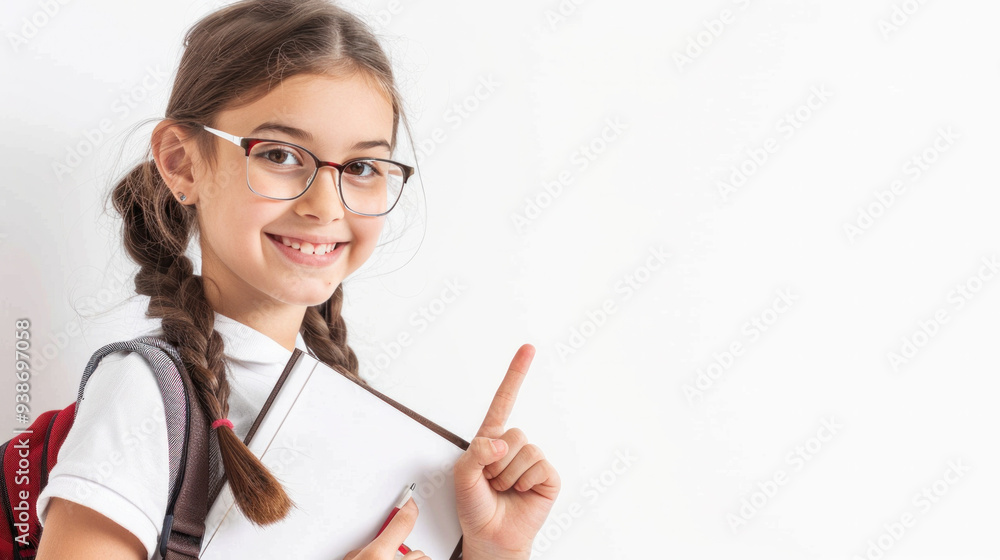 Smiling school girl holding book and pointing at something, isolated on white background Smiling school girl holding book and pointing at something, isolated on white background