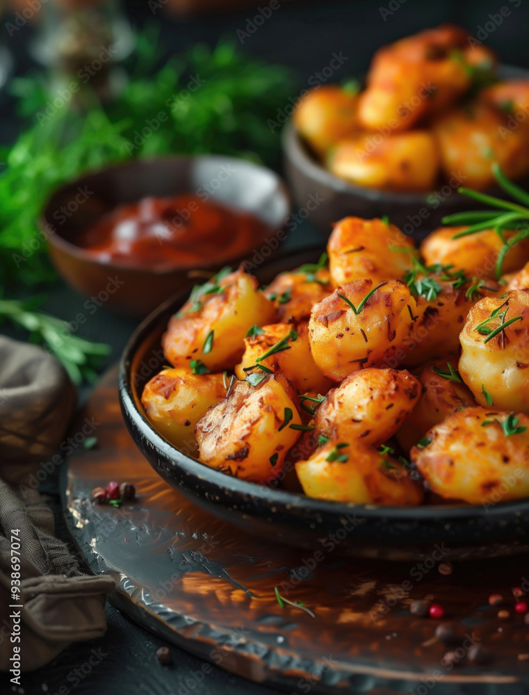 Rustic Patatas Bravas with Spicy Sauce, Close up on Black Plate Rustic Patatas Bravas with Spicy Sauce, Close up on Black Plate