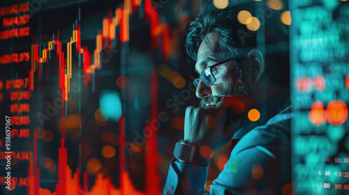 Stock trader suddenly fails, financial crisis concept with sad stockbroker with negative symbol data, red chart and real time data