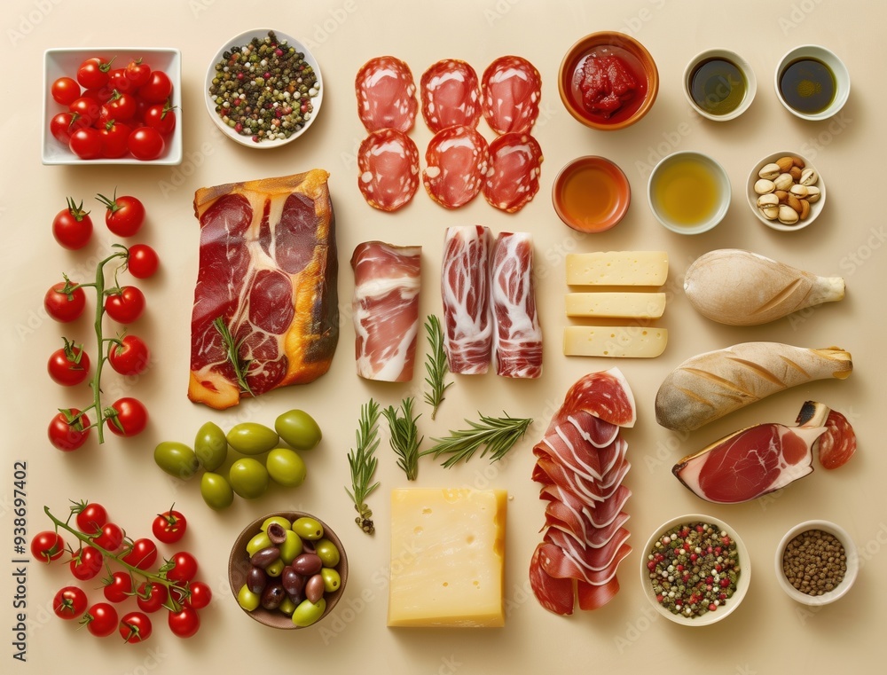 Spanish Charcuterie Board with Jamon Iberico and Assorted Ingredients Knolling Style Spanish Charcuterie Board with Jamon Iberico and Assorted Ingredients Knolling Style