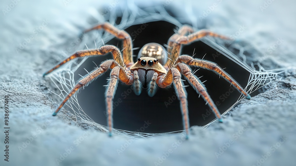 A 3D effect of a spider crawling outwards with webbing extending behind it, 3D effect, spider, nature A 3D effect of a spider crawling outwards with webbing extending behind it, 3D effect, spider, nature