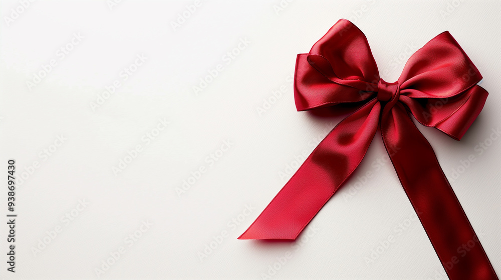 A shiny red ribbon with bow tightly tied over a white background A shiny red ribbon with bow tightly tied over a white background