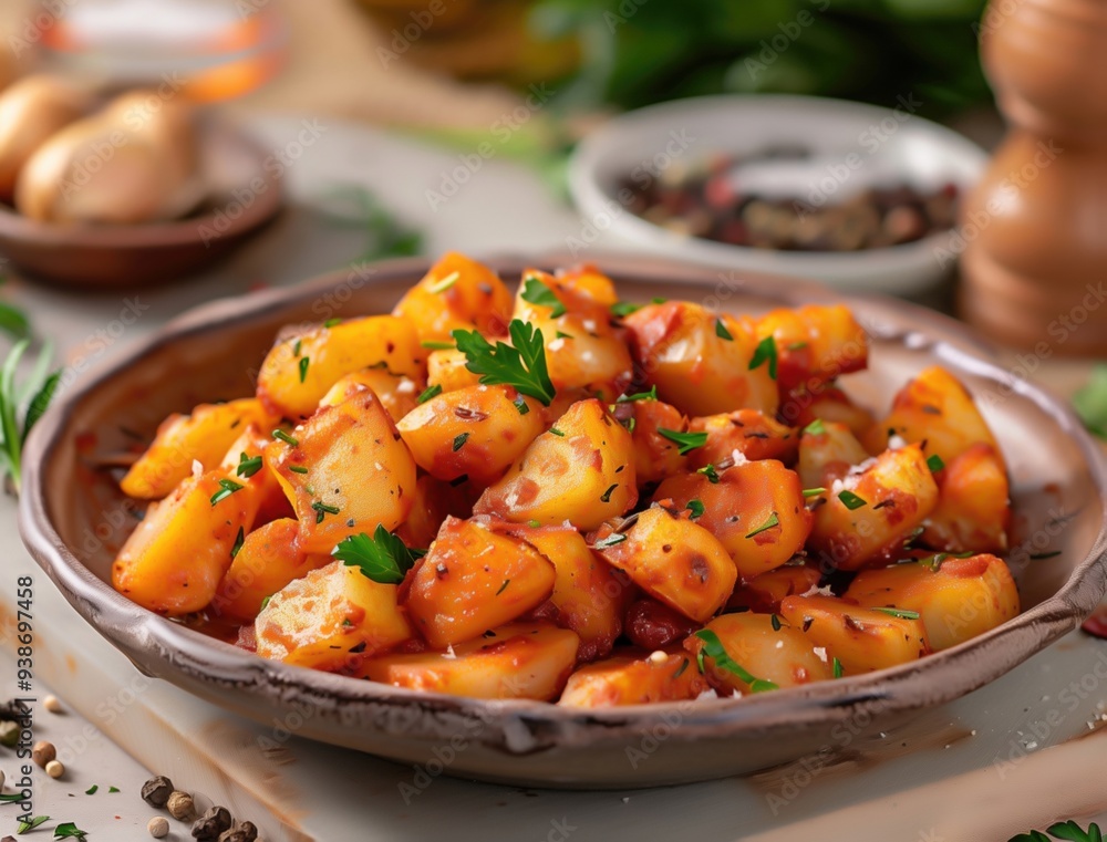 Traditional Patatas Bravas served with herbs in a rustic setting Traditional Patatas Bravas served with herbs in a rustic setting