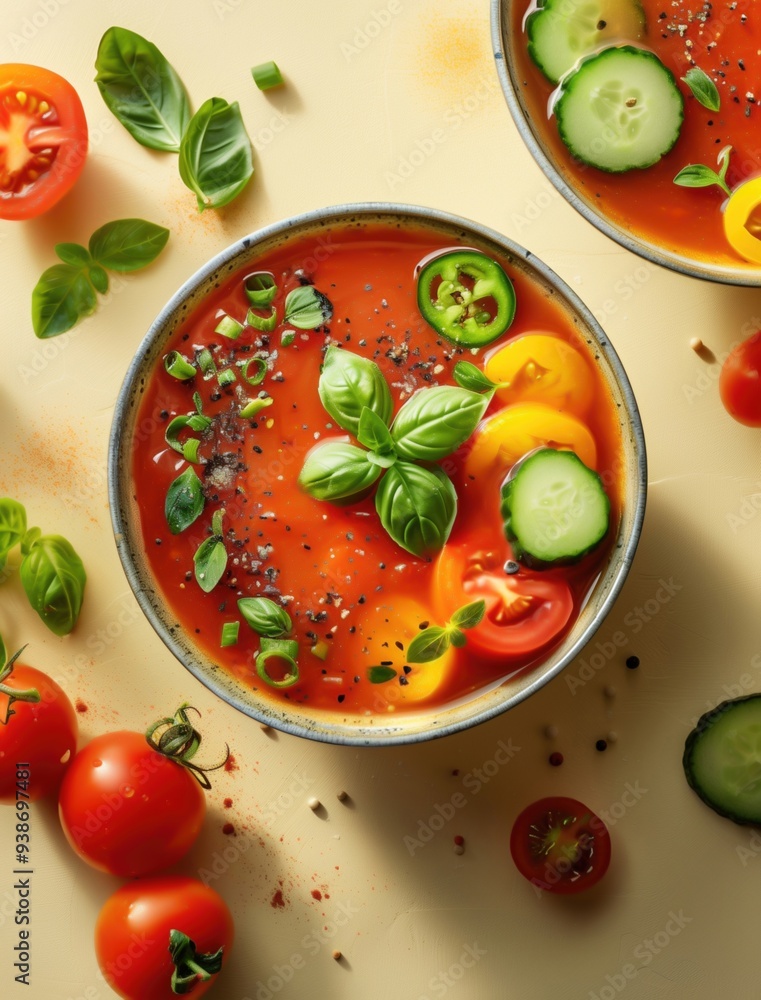 Still life photo of gazpacho soup with tomato and basil in natural light Still life photo of gazpacho soup with tomato and basil in natural light