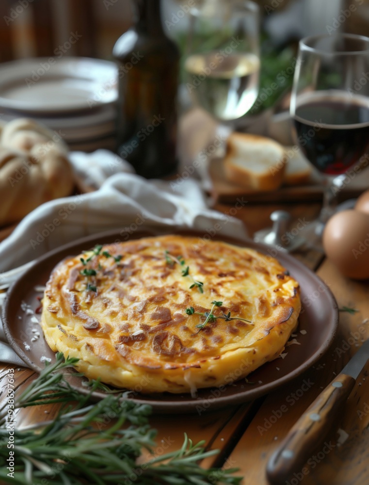 Rustic Tortilla Espanola, Spanish omelette close up on wooden table Rustic Tortilla Espanola, Spanish omelette close up on wooden table