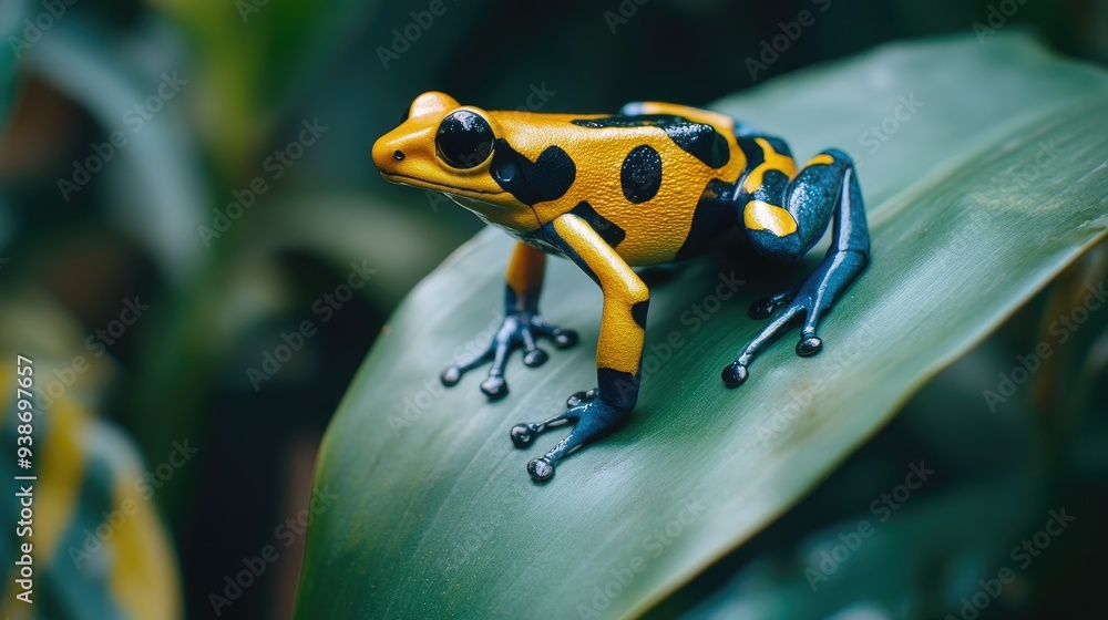A Yellow-and-Black Poison Dart Frog Perched on a Green Leaf A Yellow-and-Black Poison Dart Frog Perched on a Green Leaf