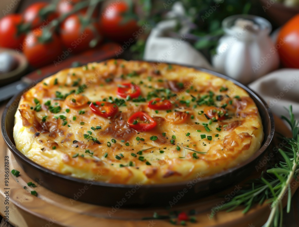 Rustic Tortilla Espanola, Spanish omelette close up on wooden table Rustic Tortilla Espanola, Spanish omelette close up on wooden table