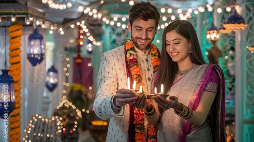 Happy Diwali, happy Indian couple holding diya, celebrating Diwali, the festival of lights.