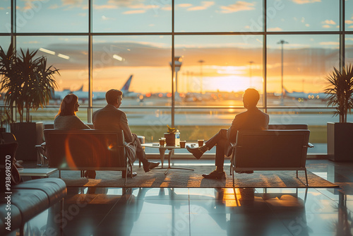 Diverse business partners sitting in a modern airport lounge with a panoramic view of bustling runway, basking in warm glow of a sunny day, as they engage in lively discussions and exchange innovativ photo