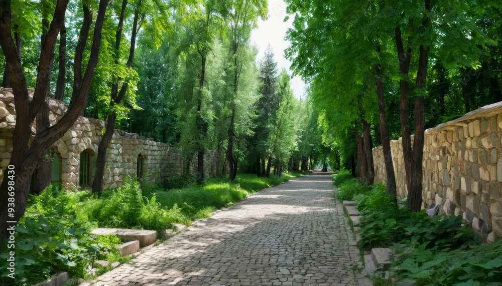 Fototapeta premium Peaceful cobblestone path through a lush treelined garden