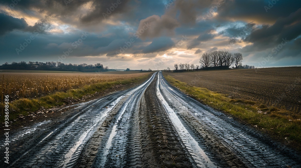 Muddy Country Road Vanishing Into the Distance Under a Dramatic Sky Muddy Country Road Vanishing Into the Distance Under a Dramatic Sky