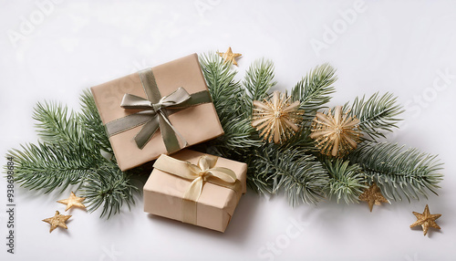 Christmas Tree Branches with Gifts and Ornaments on White Background