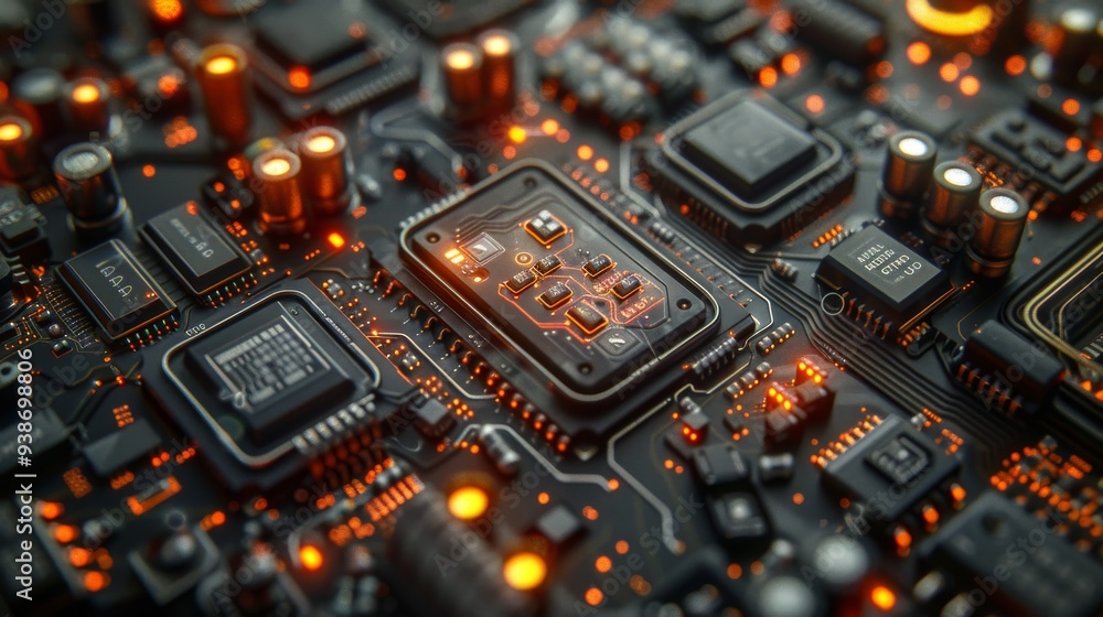A high-definition image showcasing a detailed view of a circuit board with various electronic components A high-definition image showcasing a detailed view of a circuit board with various electronic components