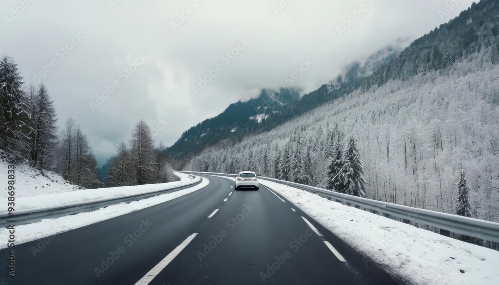 Snowy mountain highway with a lone car Snowy mountain highway with a lone car