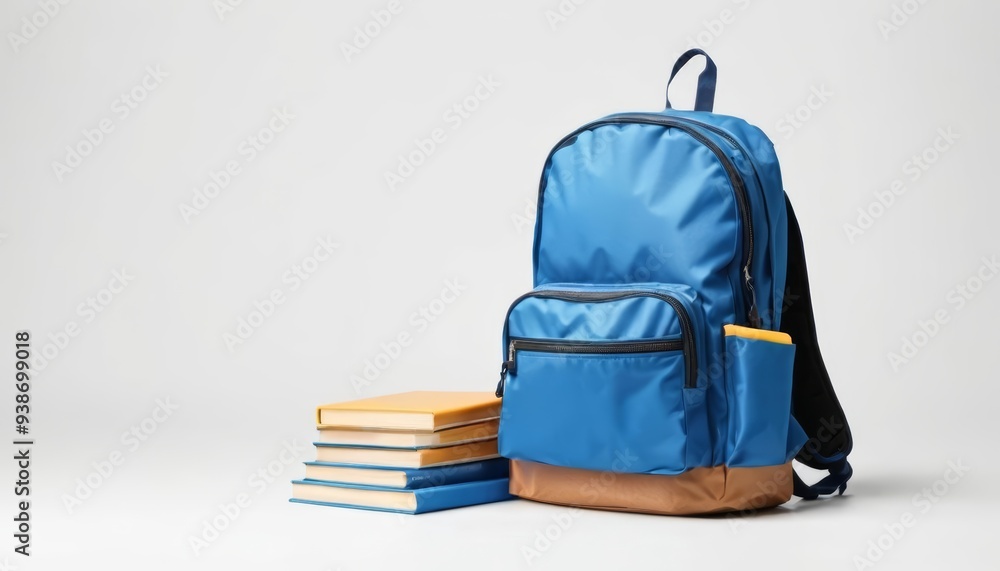 Ready for a day of learning with a vibrant blue backpack and a stack of books Ready for a day of learning with a vibrant blue backpack and a stack of books