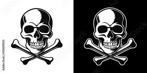 Monochrome silhouette illustration of a skull and crossbones tattoo