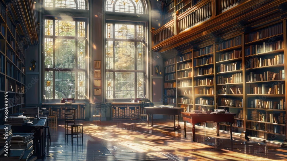 Sunlight streaming through the windows of a grand library Sunlight streaming through the windows of a grand library