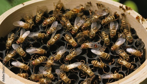  Buzzing hive of bees in a wooden frame