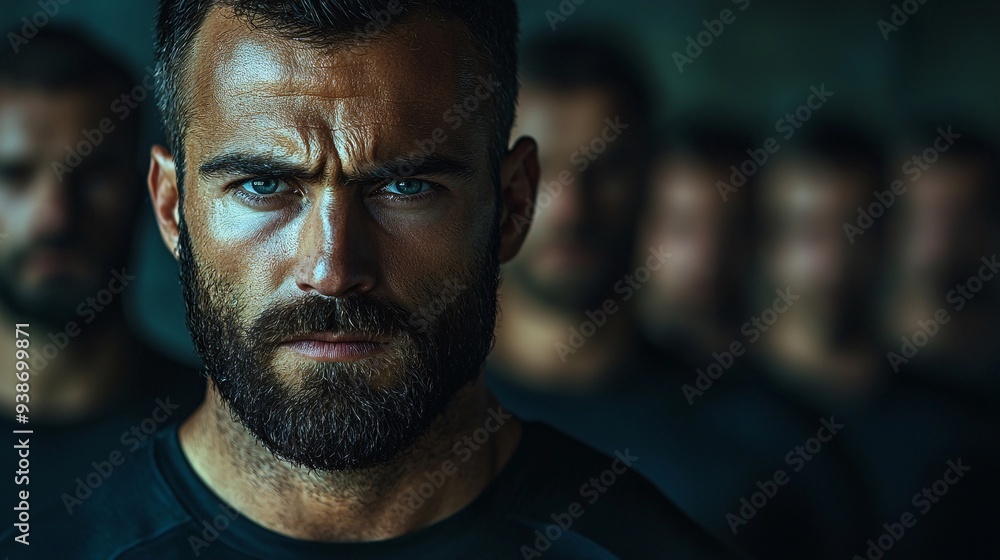 Team captain leading the team, strong posture, determination in eyes, unity and strength Team captain leading the team, strong posture, determination in eyes, unity and strength
