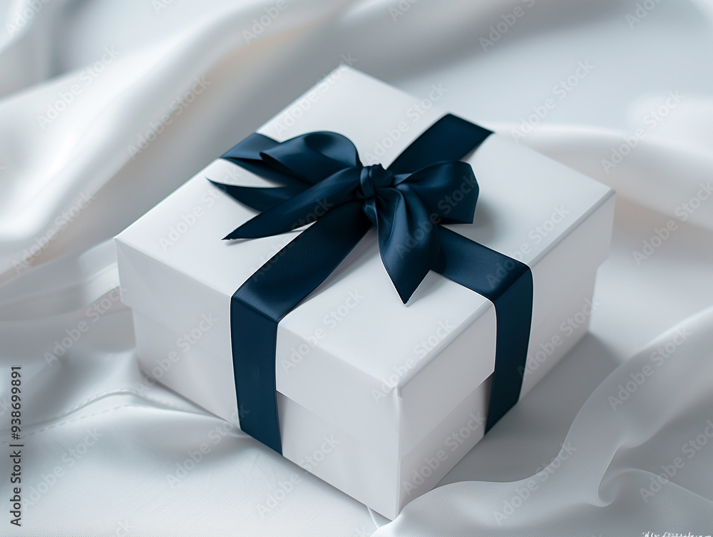 White cube gift box with a silky dark blue ribbon, elegant ribbon bow White cube gift box with a silky dark blue ribbon, elegant ribbon bow