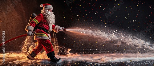 Santa Firefighter. Firefighter in Santa costume with hose and foam. security. Fire, Salvation. The concept of fire safety during the holidays. Security. Background. banner. Humor
