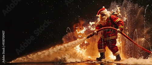 Santa Firefighter. Firefighter in Santa costume with hose and foam. security. Fire, Salvation. The concept of fire safety during the holidays. Security. Copy space photo