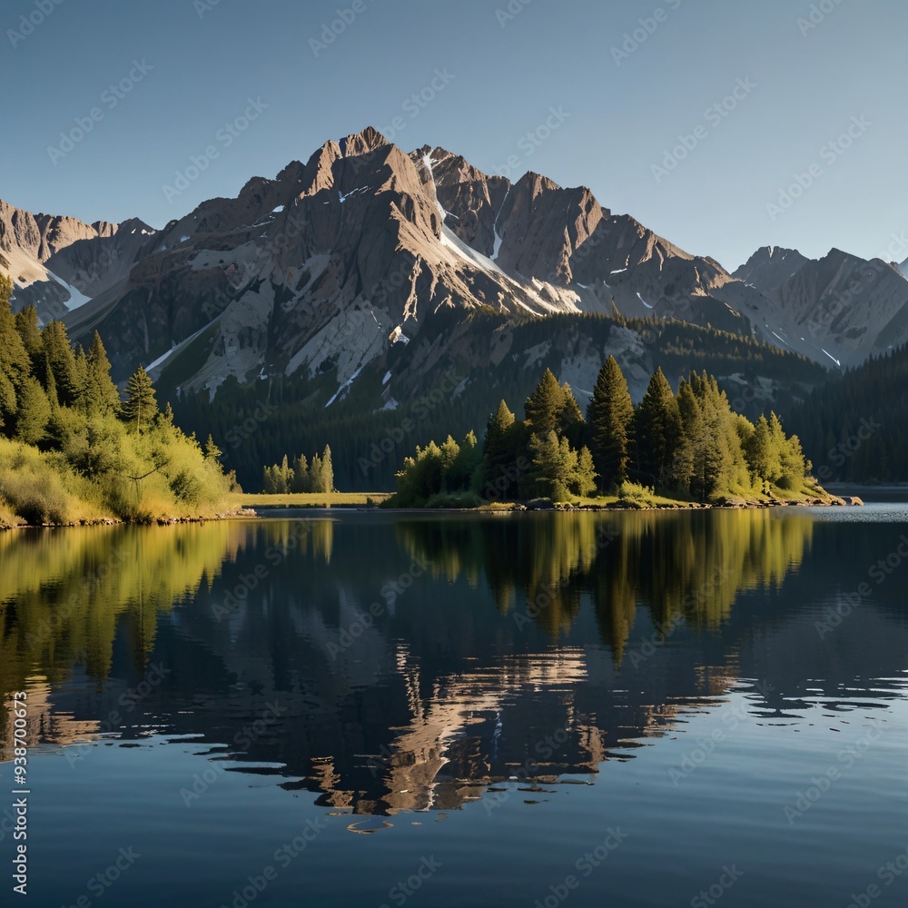 A serene mountain lake with reflections of the surrounding peaks and a clear blue sky A serene mountain lake with reflections of the surrounding peaks and a clear blue sky