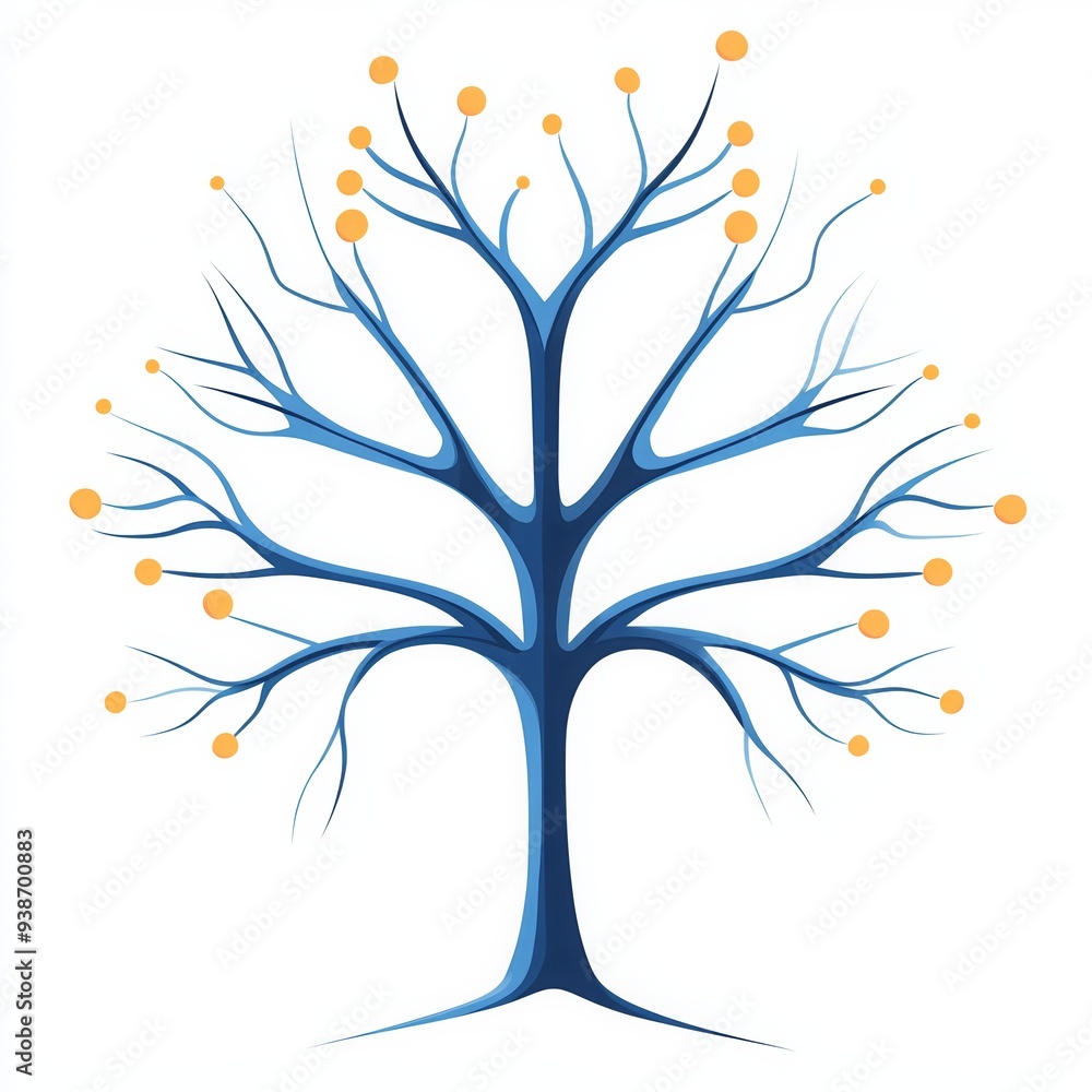 Abstract illustration of a blue, leafless tree with golden circles on branches. Minimalist design perfect for modern decor or backgrounds. Abstract illustration of a blue, leafless tree with golden circles on branches. Minimalist design perfect for modern decor or backgrounds.