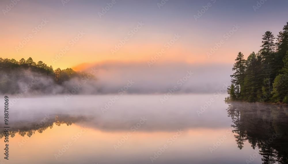 Fototapeta premium Tranquil morning mist over serene lake