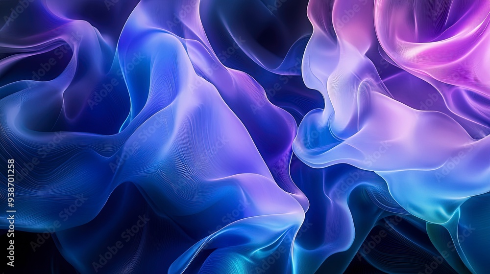 Obraz premium 3D background with flowing abstract shapes, vibrant gradients of blue and purple, soft lighting creating depth and shadows, a sense of motion and energy. Generative ai
