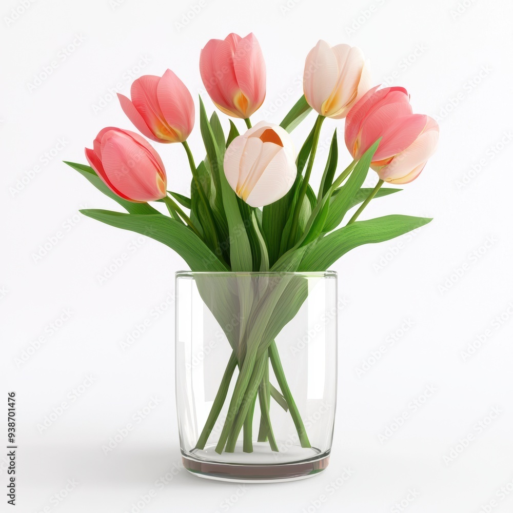 Tulips in a glass vase, minimalist design, isolated on white background, 3D illustration