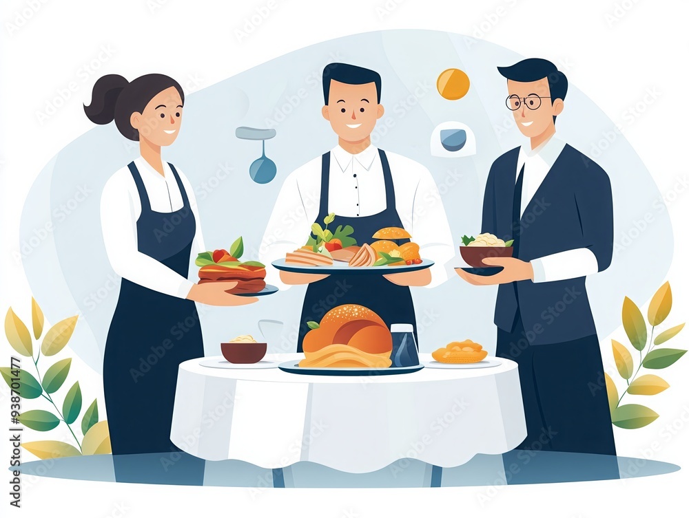 Cartoon illustration of a waiter and two people with food in a restaurant setting, showcasing dining and hospitality. Cartoon illustration of a waiter and two people with food in a restaurant setting, showcasing dining and hospitality.