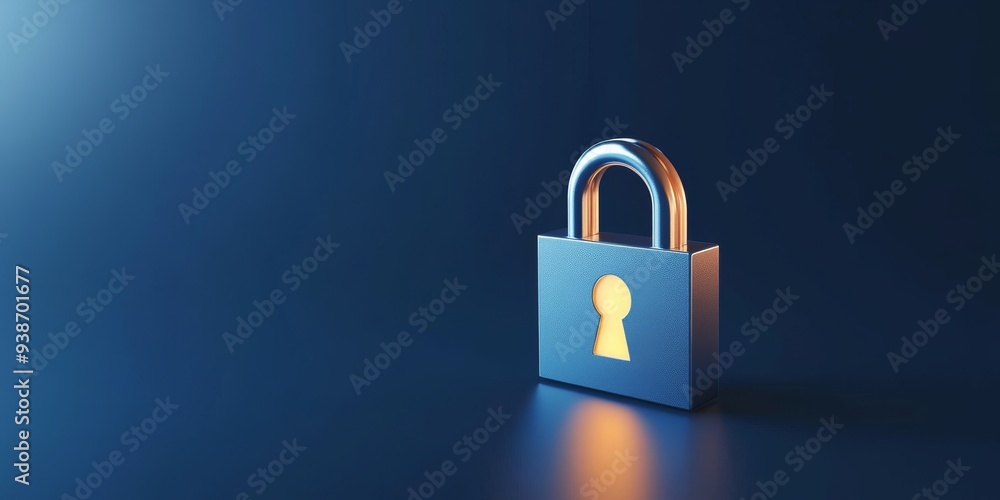 Fototapeta premium A 3D single icon of a digital padlock with a glowing keyhole set on a dark blue background that symbolizes advanced security systems. The simple style design is sleek and focus