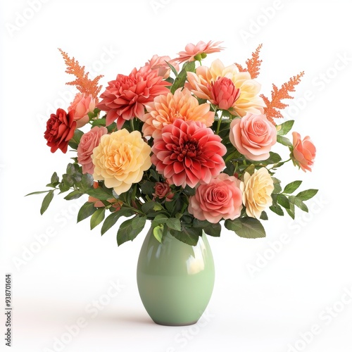 Wallpaper Mural Dahlias and roses in a mixed bouquet vase, lush and colorful, isolated on white background, 3D illustration Torontodigital.ca