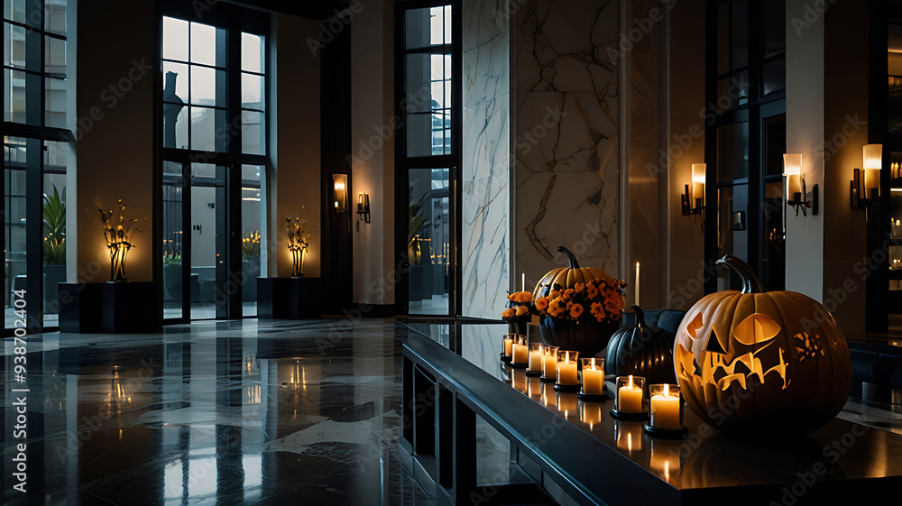 Fototapeta premium Elegant Modern Interior with Halloween Pumpkin Decorations