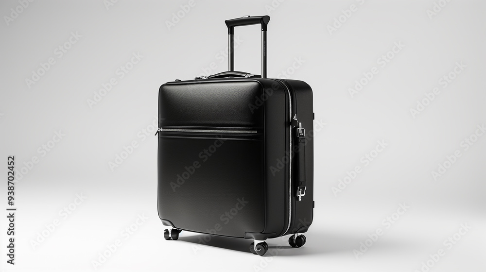 A luxurious black luggage bag with chrome accents on a white background A luxurious black luggage bag with chrome accents on a white background