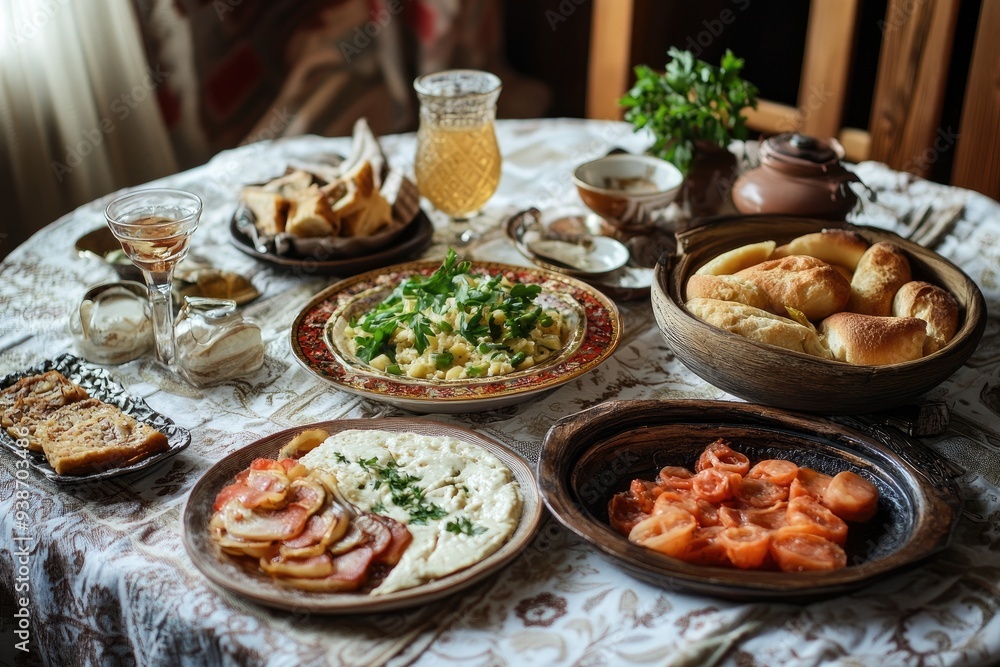 A Rustic Table Setting with a Variety of Dishes and Drinks A Rustic Table Setting with a Variety of Dishes and Drinks