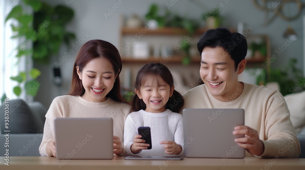 Happy family using digital devices together at home. Parents and child enjoying technology and spending quality time. Happy family using digital devices together at home. Parents and child enjoying technology and spending quality time.